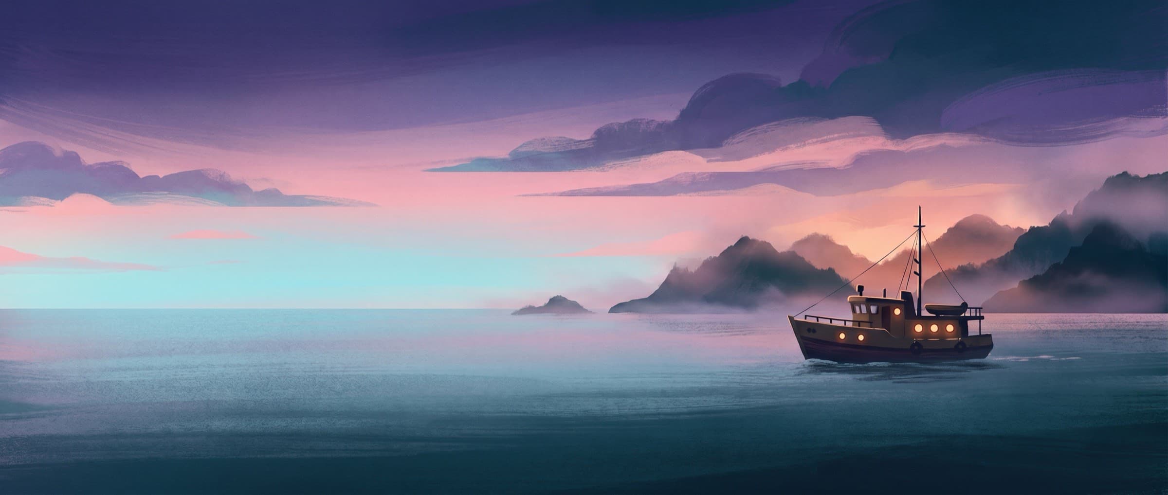 Painterly dusk illustration of an expedition boat heading toward distant misty islands