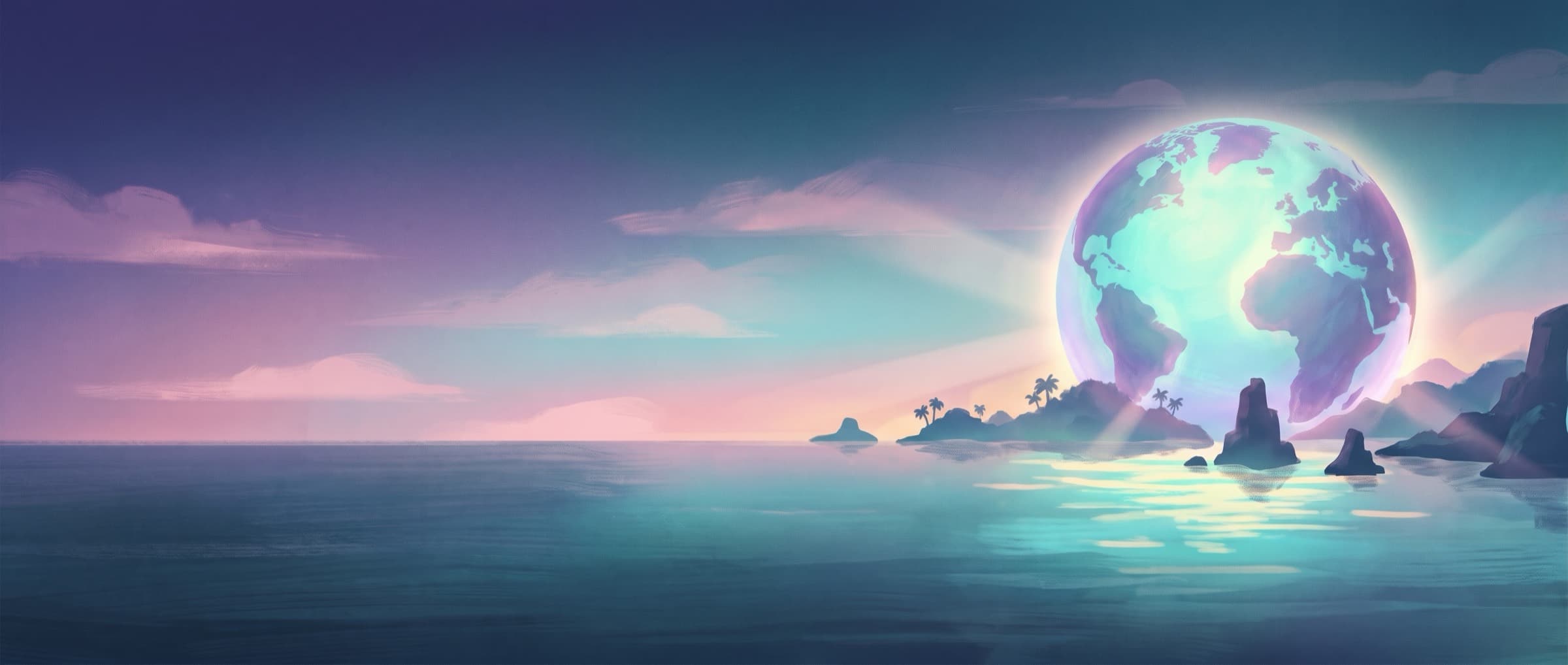 Painterly dusk illustration of a glowing globe rising over tropical islands